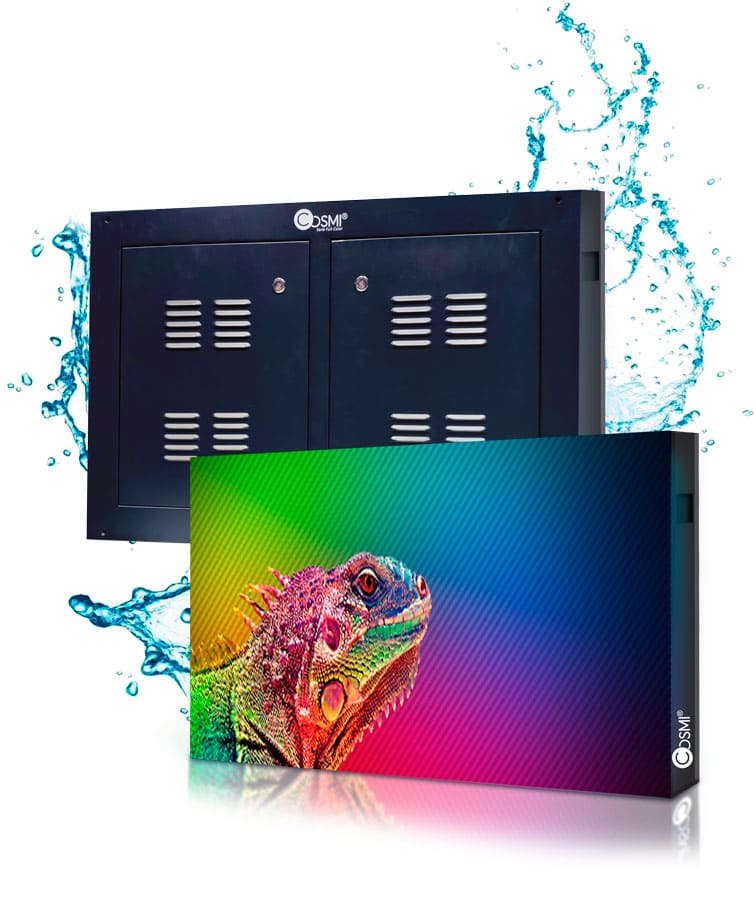 Ecran LED COSMI Full Color P5 extérieur avec ouverture arrière. Ce type d'écran facilitera la localisation de votre entreprise même en cas d’intempérie grâce à sa résistance aux conditions climatiques.