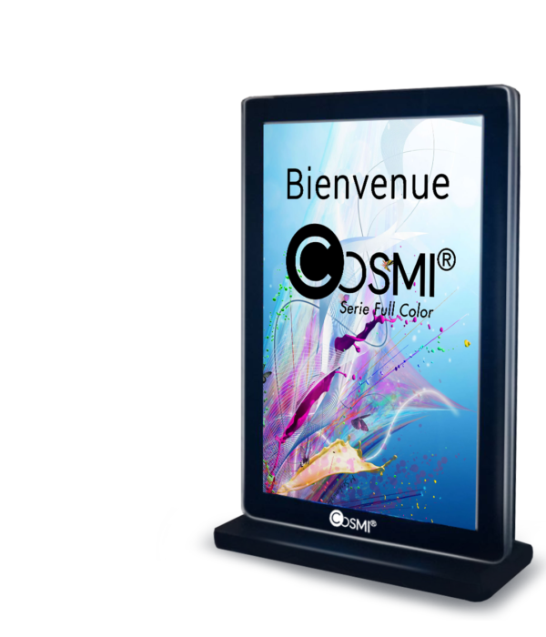 Totem LED COSMI Full Color intérieur et extérieur Ce Totem LED COSMI Full Color compact et facile à installer vous proposera une haute qualité d'image est une basse consommation. Un contrôle d’accès à distance est aussi possible grâce au serveur COSMI Cloud.