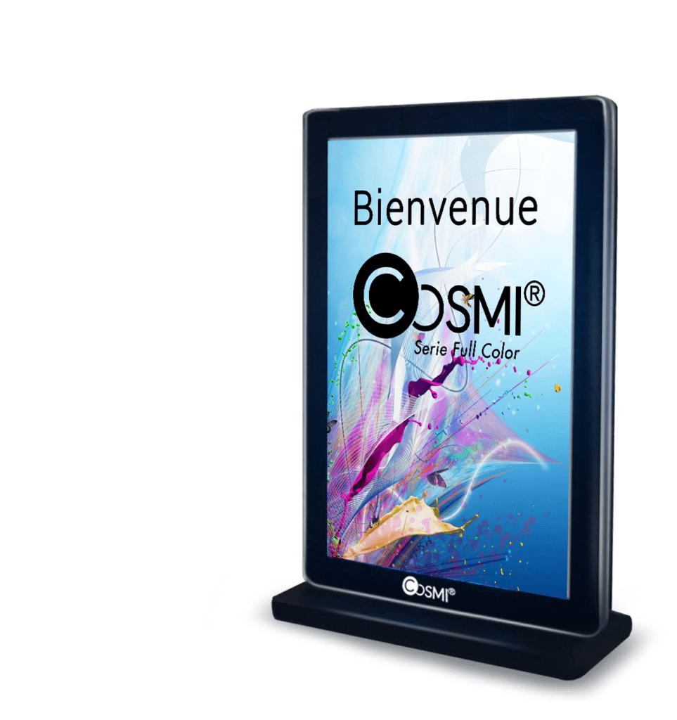 Ce Totem LED COSMI Full Color compact et facile à installer vous proposera une haute qualité d'image est une basse consommation. Un contrôle d’accès à distance est aussi possible grâce au serveur COSMI Cloud.