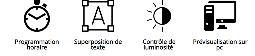 Icône de programmation horaire. Icône de Superposition de texte. Icône de Contrôle de luminosité. Icône de prévisualisation sur PC.