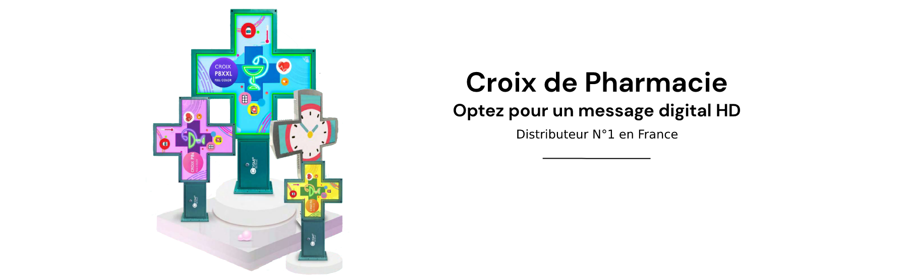 Ensemble de croix de pharmacie LED Full Color pour une communication tout en couleur. Ces croix vous permettront de diffuser des images et des vidéos grâce leurs grande visibilité.