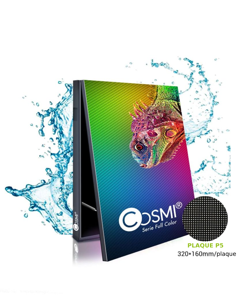 Cet écran LED COSMI Full Color P5 avec ouverture façade et une grande visibilité, résistance et polyvalence accrus pour afficher du texte, des images ou des vidéos en extérieur. dimension de 640 x 960 x 160 mm