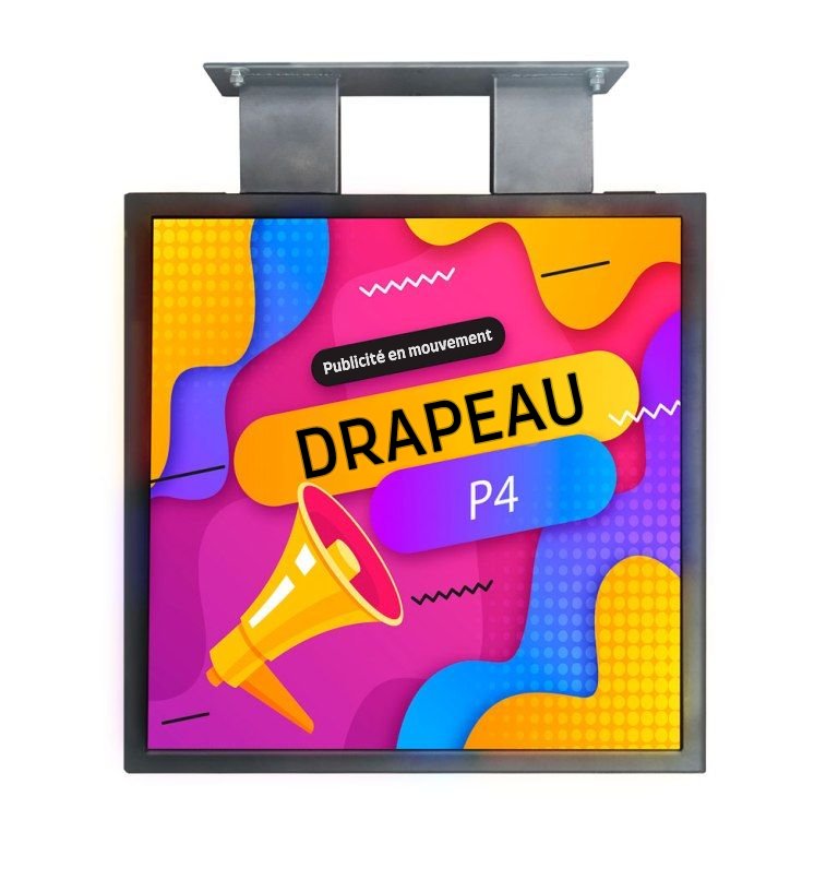 Découvrez notre écran LED drapeau double face P4 extérieur idéal pour une enseigne publicitaire fixe, afficher le contenu que vous désirez. Optez pour cette écran LED drapeau avec sa haute luminosité et sa basse tension vous attirez l’attention des passants et des véhicules sur des courtes et moyennes distances.